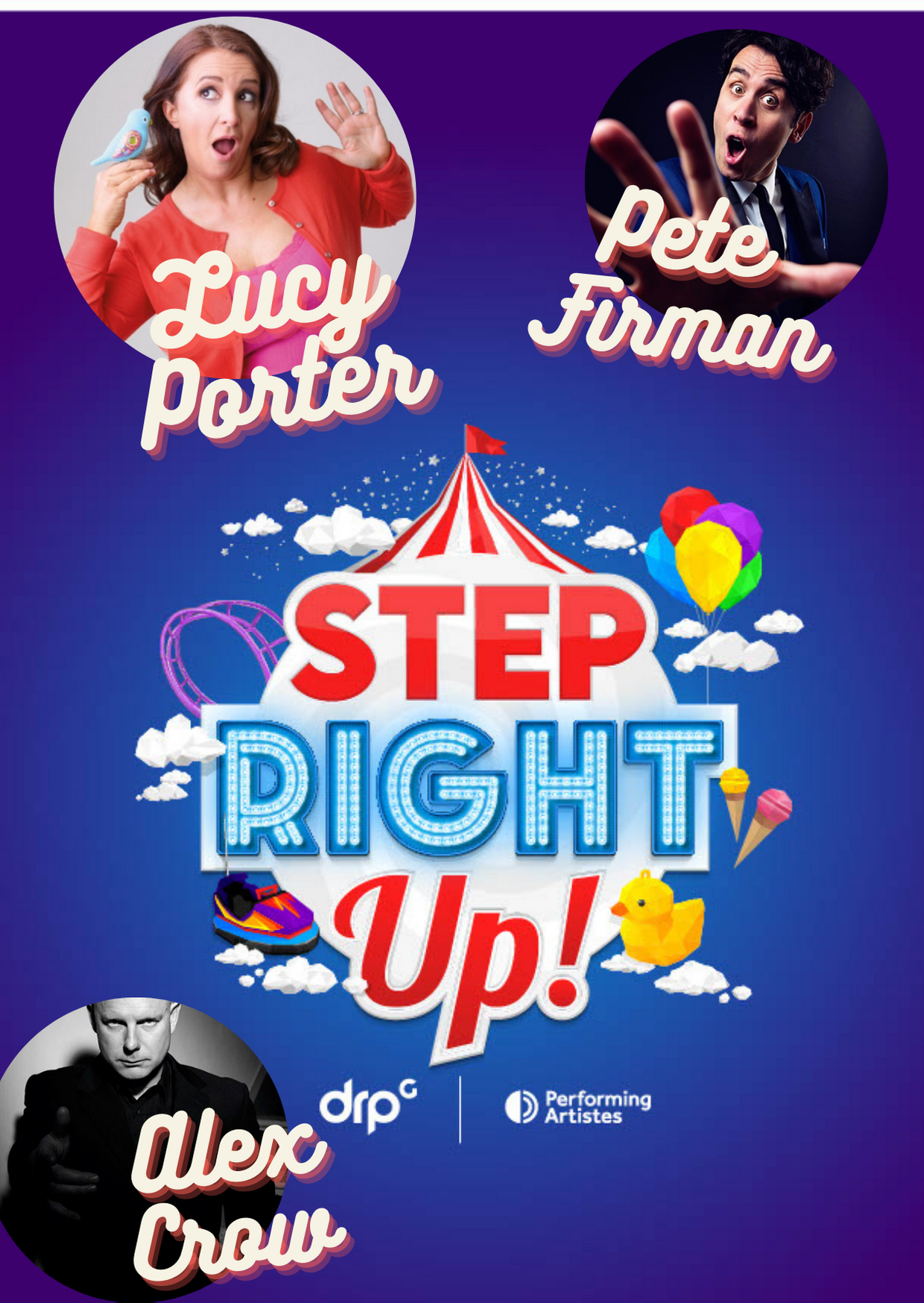 Clockwise from top left: Step logo, Pete Firman, Jonty Fisher and Lucy Porter